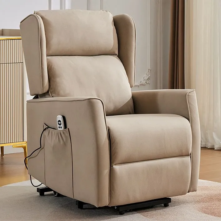 Poltrona reclinabile beige con tasca laterale e poggiapiedi in soggiorno